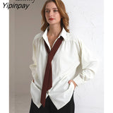 Yipinpay 2023 Spring Minimalist Oversize Long Sleeve Tie Shirt Women New In Loose Button Up Solid Ladies Tunic Blouse Female Tops