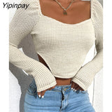 Yipinpay Women Square Collar Knitted Long Sleeve Crop Top 2023 Solid Autumn Skinny Hollow Out Basic Pullover Fashion Female Streetwear