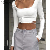 Yipinpay Women's Square Collar Y2K Crop Tops Tees Sexy Slim Long Sleeve Basic T Shirt Female T Shirt Autumn Solid Fashion Streetwear