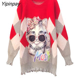 Yipinpay 2023 Winter Sweet Cat Print Full Sleeve Long Sweater Women Korean Style Frayed O Neck Laides Knit Pullover Female Tops