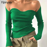 Yipinpay Sexy Off Shoulder Knit Corset Tops Women Ribbed T Shirt Long Sleeve Black White Basic Tees Tshirt Streetwear Bodycon Tops