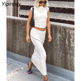 Yipinpay Slim Skirt Set Women Turtleneck Short Sleeve Tops And Maxi Skirt 2 Piece Suits Summer Casual Bodycon Vest Set Streetwear