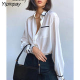 Yipinpay 2023 Spring Office Lady Patchwork Long Sleeve Women White Basic Shirt Korea Style Button Up Woman Blouse Work Female Tops