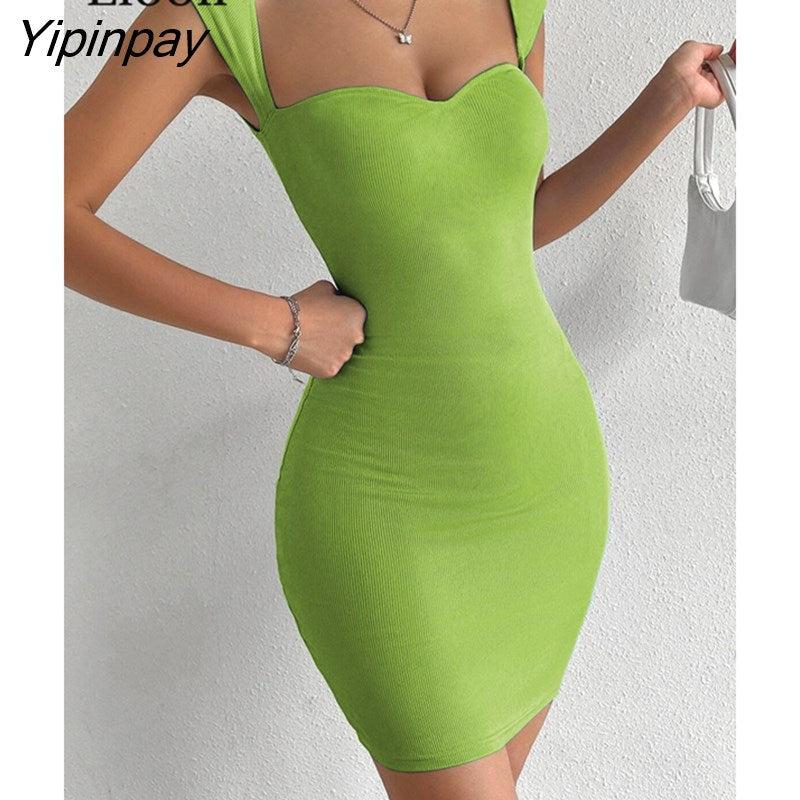 Yipinpay Sexy Knitted Short Corset Dresses Women Summer Sundress 2023 Sleeveless Square Neck Black White Ribbed Bodycon Mini Dress