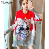 Yipinpay 2023 Winter Sweet Cat Print Full Sleeve Long Sweater Women Korean Style Frayed O Neck Laides Knit Pullover Female Tops
