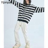 Yipinpay 2023 Winter Long Sleeve Y2K Oversize Mohair Sweater Women Streetwear Hollow Out Stripe Ladies Pullover Female Clothing