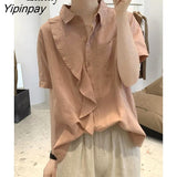Yipinpay 2023 Summer Short Sleeve Cotton Shirt Women Korean style Ruffles Button Up Solid Ladies Blouse Tunic Casual Clothing Tops