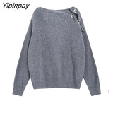 Yipinpay 2023 Winter Streetwear Long Sleeve Sweater Women Metal Buttons Oversize O Neck Ladies Pullover Female Clothing Tops