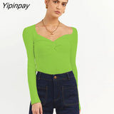 Yipinpay Knit Ribbed T Shirt Women Ruched Corset Top Autumn Long Sleeve V Neck Basic Tees Sexy Bodycon Tshirt Knitted Tops