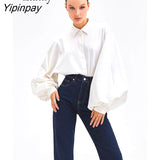 Yipinpay 2023 Spring Vintage Lantern Long Sleeve Women White Shirt Office Lady Button Up Solid Woman Tunic Blouse Female Clothing