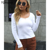Yipinpay Sexy Short T Shirt Knit Tight Tops For Women Spring 2023 Long Sleeve O Neck Streetwear Bodycon T Shirts Knitted Crop Tops