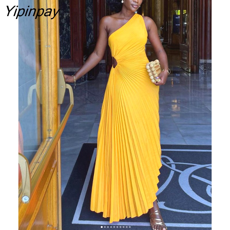 Yipinpay Hollow Out Pleated Dress Women Fashion Sleeveless Diagonal Collar A Line Dresses 2023 Summer Party Prom Evening Vestidos
