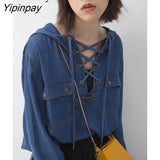 Yipinpay Street Style Long Sleeve Denim Hooded Shirt Women Loose Bandage Pocket Pullover Blouse 2023 Summer Female Clothing Tops