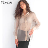 Yipinpay 2023 Spring Elegant Long Sleeve Sheer Women Basic Shirt Office Lady Loose Button Up Woman Tunic Blouse Work Clothing Top