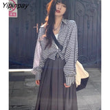 Yipinpay 2023 Summer Long Sleeve Plaid Chiffon Shirt Women Korean style Button Up Ladies Crop Tops Causal Female Clothing Blouse