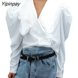 Yipinpay Sexy Puff Sleeve Shirt White Top Spring Autumn 2023 Turndown Collar Women Loose Blouses And Tops Streetwear Baggy Shirts