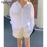 Yipinpay Minimalist Style Oversize Long Sleeve White Shirt Women Button Solid Turn-Down Collar BF Shirts Blouse 2023 Summer Tops