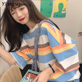 Yipinpay top kawaii T-shirt loose rainbow ropa mujer kpop stripe O-neck short-sleeved girl T-shirt retro T-shirt girl shirt
