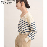 Yipinpay 2023 Winter Vintage New In Long Sleeve Stirped Sweaters Women Korea Style Turn Down Collar Knit Pullovers Female Tops