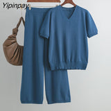 Yipinpay Two Piece Loose Set Women Slit Tops And Straight Leg Pants High Waist Streetwear 2023 Summer Knitwear Baggy Outfits Sets