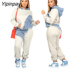 Yipinpay Women Patchwork Denim Panel Tracksuit Set Long Sleeve Hooded Sweatshirt Running Pants Suit 2023 Autumn Fashion Casual Sportswear