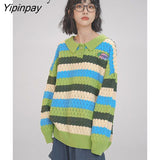 Yipinpay 2023 Winter Long Sleeve Turn Down Collar Women Sweater Striped Korean Style Oversize Ladies Knit Pullover Female Clothing