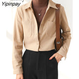 Yipinpay 2023 Winter Korean Style Long Sleeve Pocket Shirt Women Office Lady Button Up Tunic Blouse Fall Work Female Clothing Tops