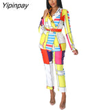 Yipinpay Women Single Breasted Printed Blazer Two Piece Set Female Lapel Blazer Straight Pants Suits Office Lady Outfits Streetwear