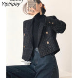 Yipinpay Korean Style Long Sleeve Plaid Blazer Women 2023 Autumn Casual Short Ladies Suit Blazers Female Clothing Coat Jacket