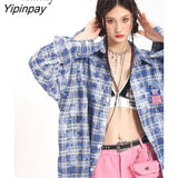 Yipinpay 2023 Spring Streetwear Long Sleeve Plaid Print Shirt Women Oversize Button Up Turn Down Collar Ladies Tunic Blouse Tops