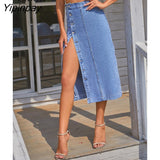 Yipinpay Button Up High Waist Skinny Slit Jean Skirt Pencil Office Lady Single Breasted Knee Length Sexy Bodycon Denim Midi Skirts
