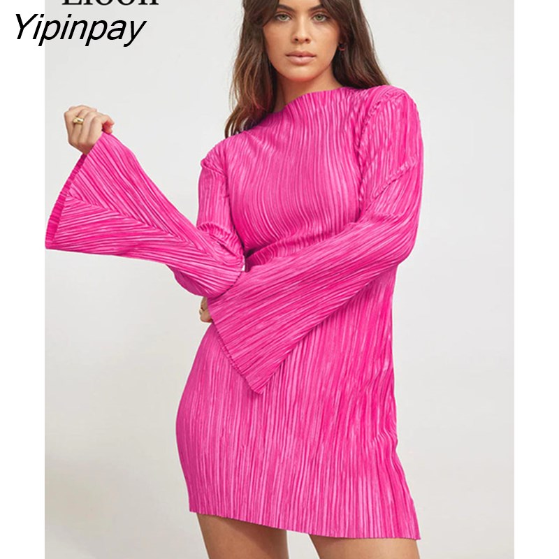Yipinpay Flare Sleeve Short Pleated Dresses For Women Robes New 2023 Spring Streetwear Rose Red Vestidos Sexy Bodycon Mini Dress