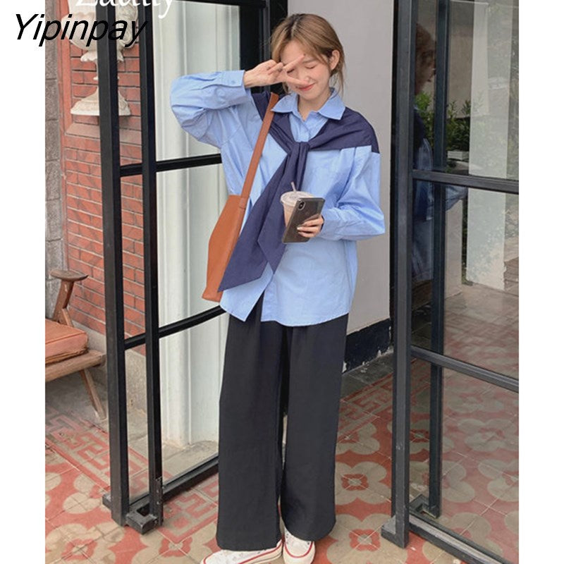 Yipinpay 2023 Autumn Long Sleeve Shawl Shirt Women Office Lady Button Up Patchwork Ladies Tunic Blouse Work Female Clothing Tops