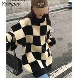 Yipinpay 2023 Winter Korean style Loose Plaid Sweater Women Casual Full Sleeve Oversize Long Knit Pullover Female Clothing Tops