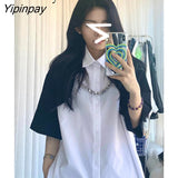 Yipinpay 2023 Summer Y2K Short Sleeve Chain Shirt Women Street Style Oversize Patchwork Button Ladies Tunic Blouse Female Clothing