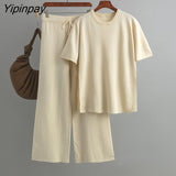 Yipinpay Piece Loose Knit Set Women Baggy Slit Tops And Wide Leg Pants High Waist Streetwear Summer 2023 Knitwear Outfits Black Sets