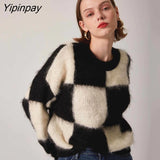 Yipinpay Winter Vintage Mohair Plaid Women Sweater Chic Long Sleeve O Neck Loose Ladies Pullover Fashion Warm Female Clothing Tops