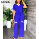 Yipinpay Women Casual Contrasting Drawstring Trousers Suit Female V Neck Blouse Straight Pants Two Piece Set 2023 Fashion Sports Outfit