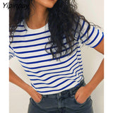 Yipinpay Summer Striped T Shirt Women Loose Top New 2023 Casual All Match Basic Tees O Neck Baggy Tshirt Streetwear Cotton Tops