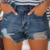 Yipinpay Ripped Skinny Jean Shorts With Tassel Women Mid Waist Summer Streetwear Pockets Distressed Washed Blue Hole Denim Shorts
