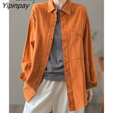 Yipinpay 2023 Autumn Casual Long Sleeve Cotton Shirt Women Korean Style Button Up Loose Tunic Blouse Work Female Clothing Tops
