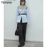 Yipinpay Winter Office Lady Long Sleeve Patchwork Knit Women Shirt Loose O Neck Work Blouse Tops 2023 New In Work Female Clothing