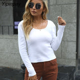 Yipinpay Sexy Short T Shirt Knit Tight Tops For Women Spring 2023 Long Sleeve O Neck Streetwear Bodycon T Shirts Knitted Crop Tops