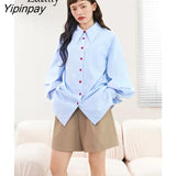 Yipinpay Office Lady Long Lantern Sleeve Women Shirt Vintage Button Up Loose Solid Color Woman Blouse Work 2023 Spring Female Tops