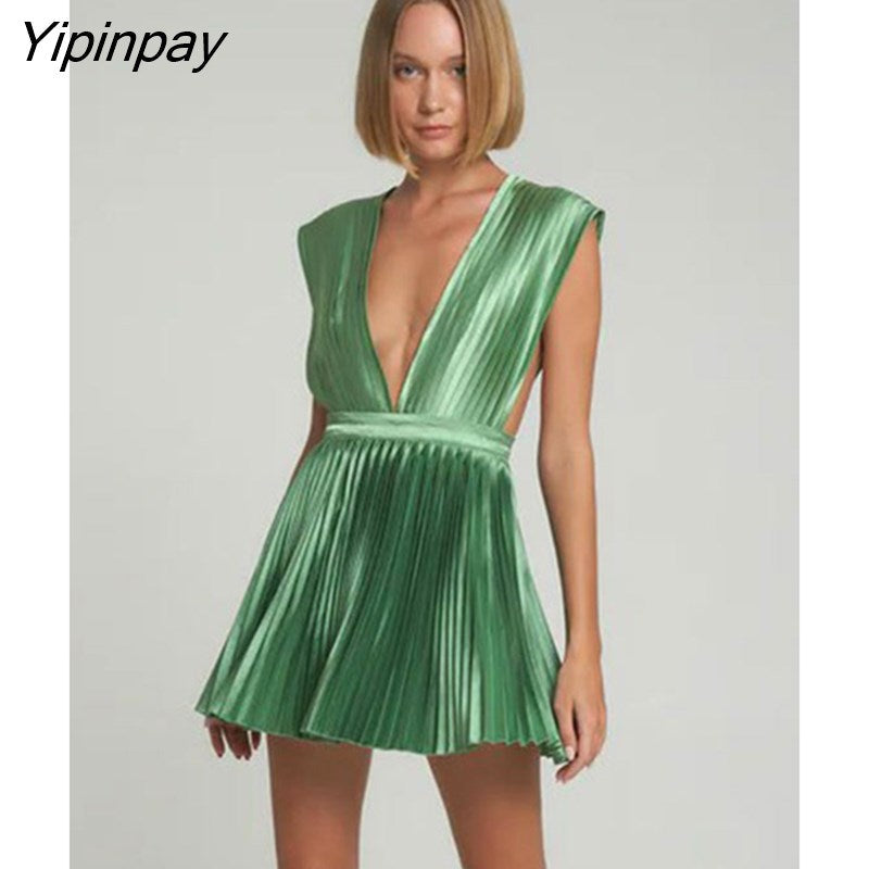 Yipinpay Solid Women Pleated Tank Dress Sexy V Neck High Waist A Line Dresses 2023 Fashion Club Party Sleeveless Cut Out Vestido