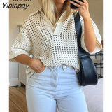 Yipinpay Sexy Knitted Hollow Out Top Women Loose T Shirt Summer Streetwear Short Sleeve Turndown Collar Creamy White Knitting Tops