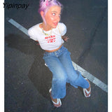 Yipinpay letter Print Summer emo girl Crop Tops Baby Tee Slim 2000s fairy grunge Streetwear Harajuku Goth Cute Short Sleeve T-shirts