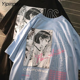 Yipinpay T-Shirt Streetwear Hip Hop Anime Girl Smoking Letter Print Harajuku Cotton Summer Short Sleeve Tops Tees Goth Clothing