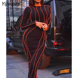 Yipinpay Women's Convex Strip Flare Sleeve Slim Midi Dress 2023 Spring O Neck Party Club Mini Dresses Female Office Solid Robe Outifits