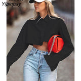 Yipinpay Short Shirts Crop Tops And Blouses Women Button Up Cardigan 2023 New Long Sleeve Turndown Collar Cotton Black White Blouse